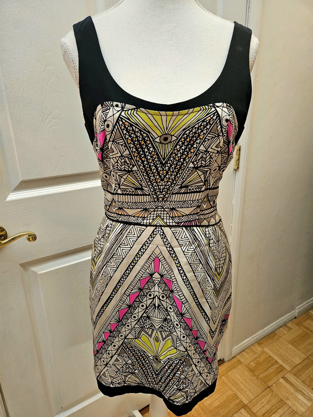 NEW MARA HOFFMAN Evil Eye Boho 100% Silk Sheath Summer White Black Print Dress 4